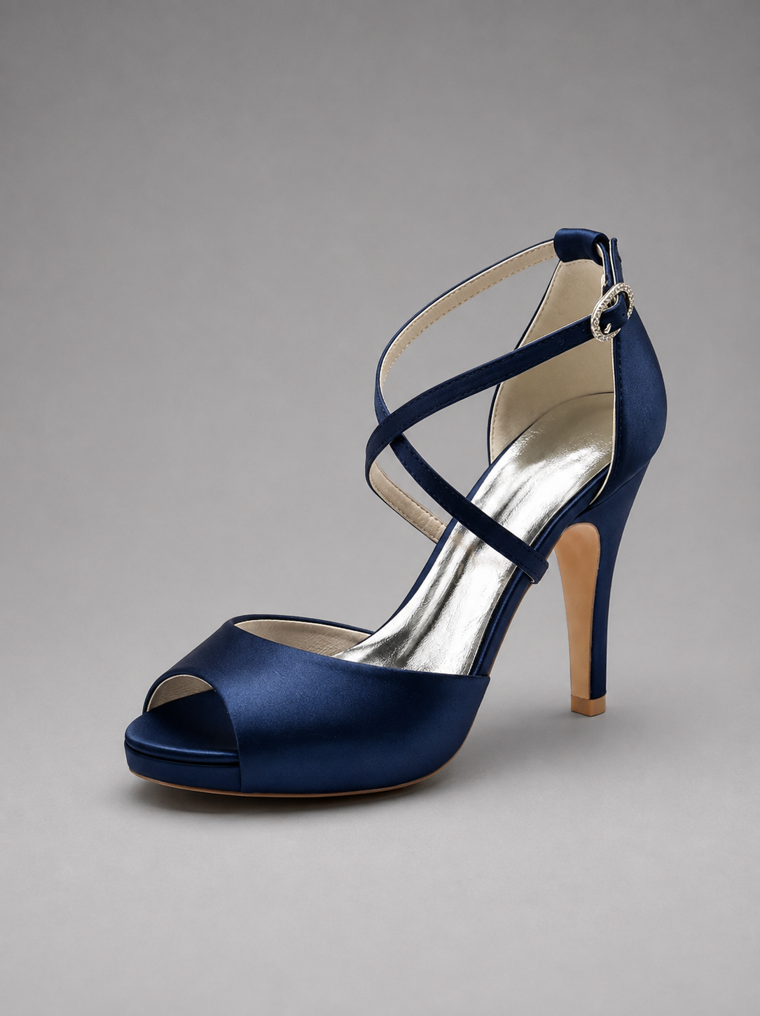Marielle | Navy Satin Cross-Strap Peep-Toe Heels